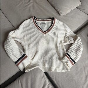 Abercrombie & Fitch V-Neck White Sweater with Striped Accents
